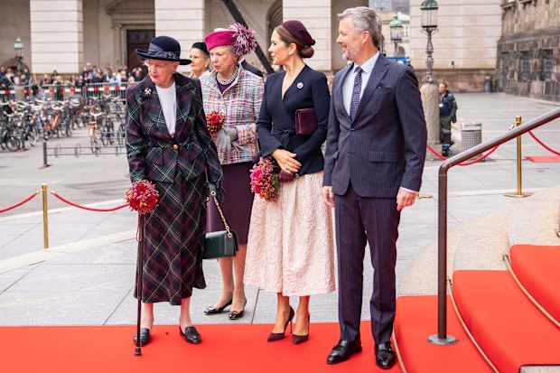 From left, Denmark's Queen Margrethe,  Princess Benedikte, Queen Mary, and King Frederik arrive for the opening of the Danish Parliament at Christiansborg Palace in Copenhagen, Denmark, Tuesday, Oct. 7, 2025. (Sebastian Elias Uth/Ritzau Scanpix via AP)