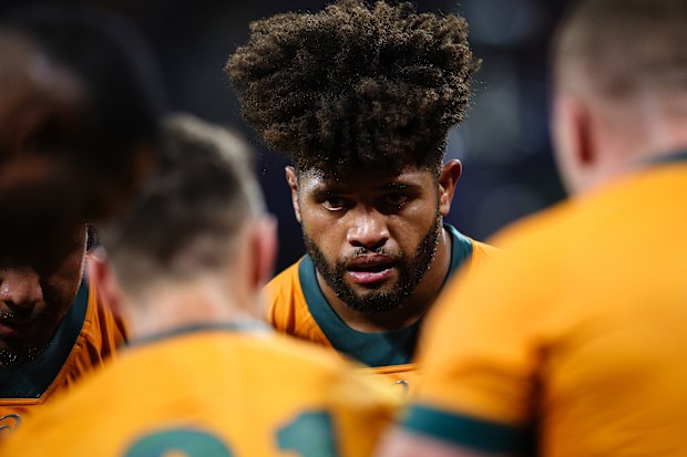 Rob Valetini of Australia in a team huddle.