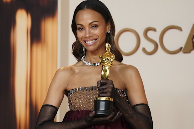 Zoe Saldana, winner of the award for best performance by an actress in a supporting role for Emilia Perez, in the press room at the Oscars on Sunday, March 2, 2025, at the Dolby Theatre in Los Angeles.