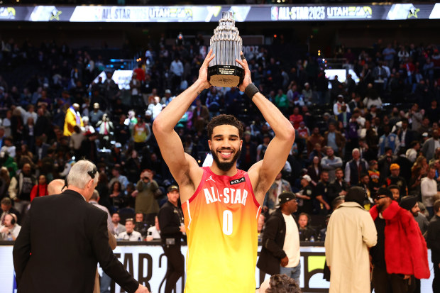 SALT LAKE CITY, UTAH - FEBRUARY 19: Jayson Tatum #0 of the Boston Celtics holds The Kobe Bryant MVP Trophy after the 2023 NBA All Star Game between Team Giannis and Team LeBron at Vivint Arena on February 19, 2023 in Salt Lake City, Utah. NOTE TO USER: User expressly acknowledges and agrees that, by downloading and or using this photograph, User is consenting to the terms and conditions of the Getty Images License Agreement. (Photo by Tim Nwachukwu/Getty Images)