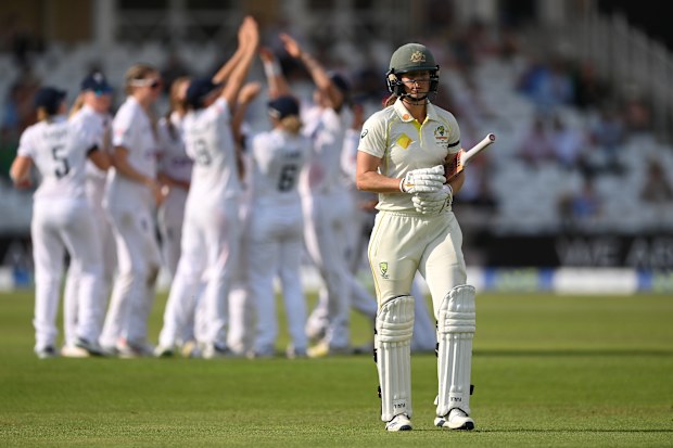 Australia batter Ellyse Perry reacts after being dismissed for 99 in the Ashes.