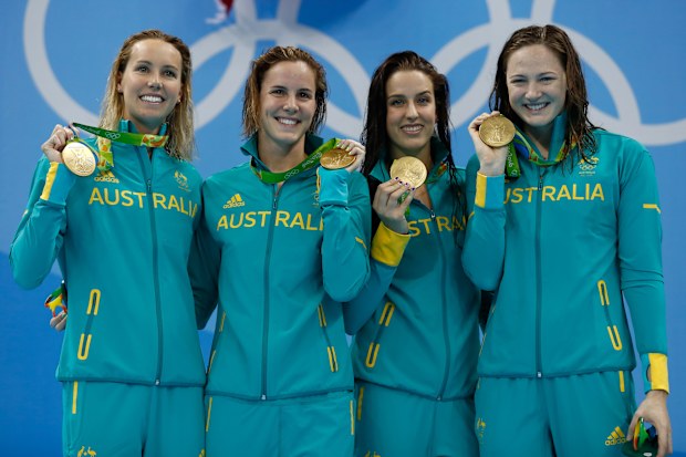 From left: Emma McKeon, Bronte Campbell, Brittany Elmslie and Cate Campbell after winning gold in the women's 4x100m freestyle relay at the Rio 2016 Olympics.