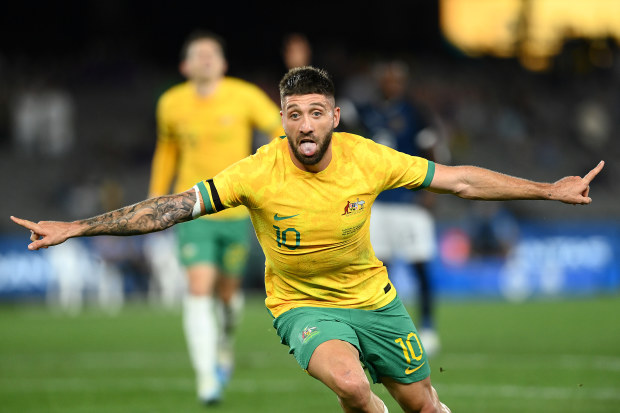 MELBOURNE, AUSTRALIA - MARCH 28: Brandon Borrello of the Socceroos celebrates scoring a goal during the International Friendly match between the Australia Socceroos and Ecuador at Marvel Stadium on March 28, 2023 in Melbourne, Australia. (Photo by Quinn Rooney/Getty Images)