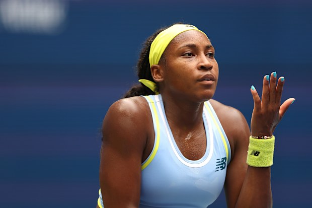 Coco Gauff of the United States reacts against Emma Navarro of the United States during their Women's Singles Fourth Round match on Day Seven of the 2024 US Open at USTA Billie Jean King National Tennis Center on September 01, 2024 in the Flushing neighborhood of the Queens borough of New York City. (Photo by Luke Hales/Getty Images)