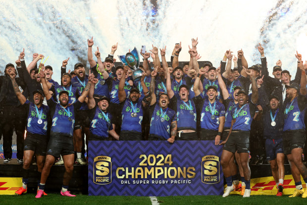 The Blues celebrate after winning the Super Rugby Pacific final.