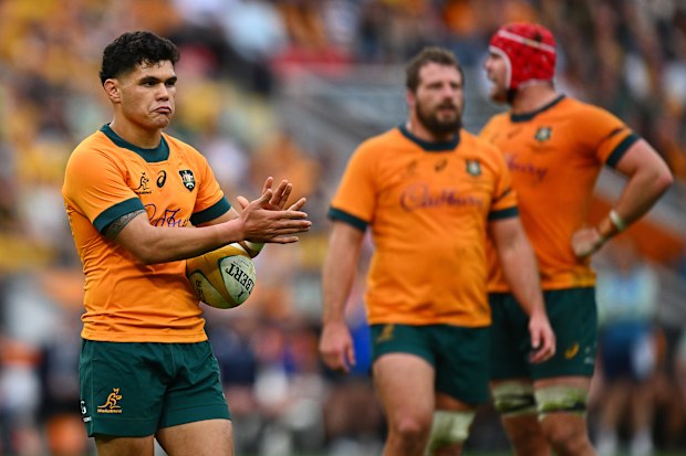 Noah Lolesio of the Wallabies reacts at Suncorp Stadium.