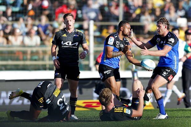 Zach Kibirige of the Force celebrates with Bayley Kuenzle after scoring a try.