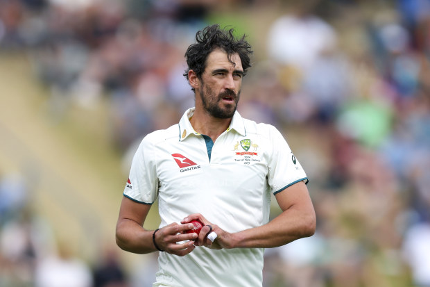 Mitchell Starc of Australia prepares to bowl during day three of the First Test in the series between New Zealand and Australia at Basin Reserve on March 02, 2024 in Wellington, New Zealand. (Photo by Hagen Hopkins/Getty Images)