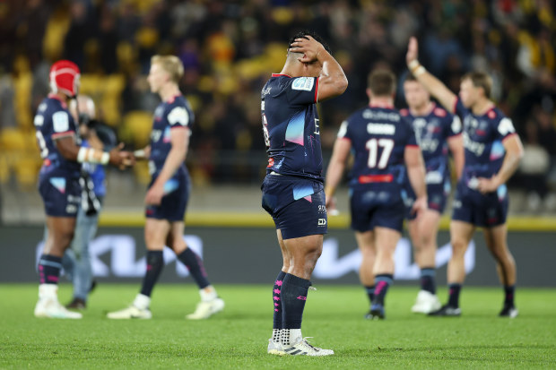 Alex Mafi of the Rebels reacts after the final whistle in the Super Rugby Pacific quarter-final match against the Hurricanes.