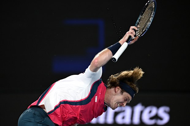 Andrey Rublev throws his racquet during the third set tiebreak against Joao Fonseca.