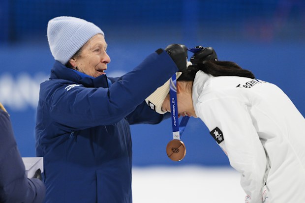 Princess Anne, Princess Royal presents a medal during the Milano Cortina 2026 Winter Olympic games on February 9, 2026.