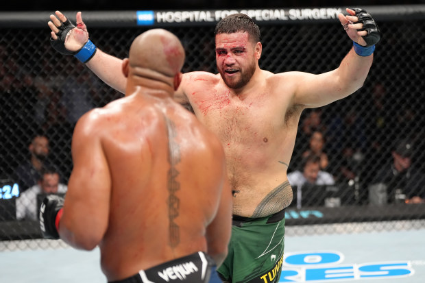 Tai Tuivasa of Australia taunts Ciryl Gane of France in a heavyweight fight during the UFC Fight Night event at The Accor Arena on September 03, 2022 in Paris, France. (Photo by Jeff Bottari/Zuffa LLC)