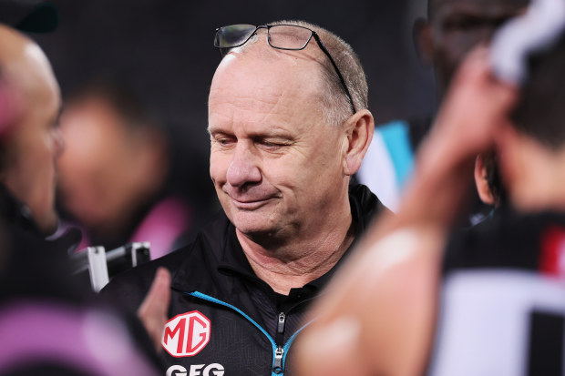 ADELAIDE, AUSTRALIA - JULY 22: Ken Hinkley, Senior Coach of the Power during the 2023 AFL Round 19 match between the Port Adelaide Power and the Collingwood Magpies at Adelaide Oval on July 22, 2023 in Adelaide, Australia. (Photo by James Elsby/AFL Photos via Getty Images)