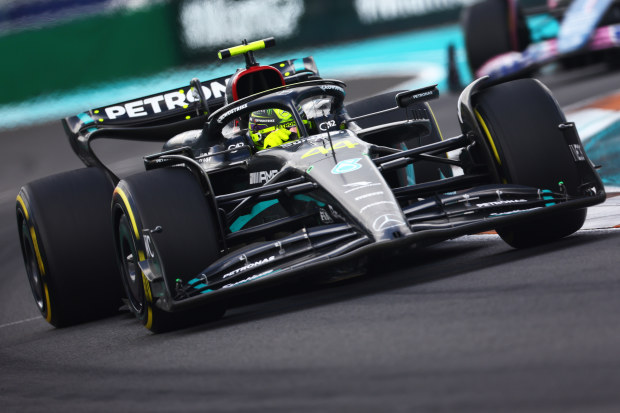 Lewis Hamilton on track at the Miami Grand Prix.