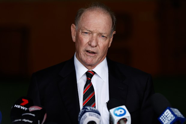 Essendon Bombers president David Barham speaks to the media.