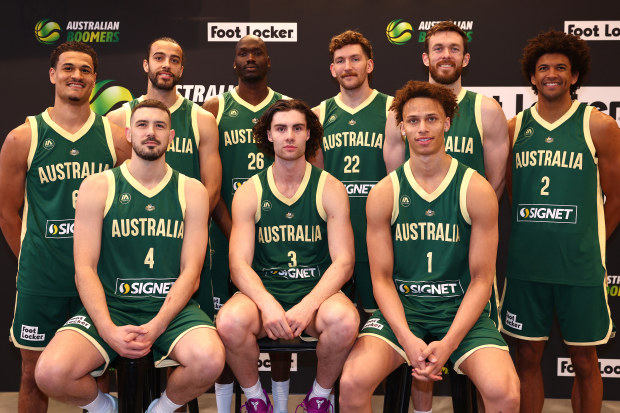 Josh Green, Xavier Cooks, Duop Reath, Will Magnay, Nick Kay, Matisse Thybulle, Chris Goulding, Josh Giddey and Dyson Daniels pose in Melbourne ahead of Paris 2024. Getty