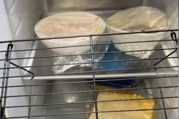 TikTok user mamabeyou uses a cooling rack as the hero in her fridge stacking hack.