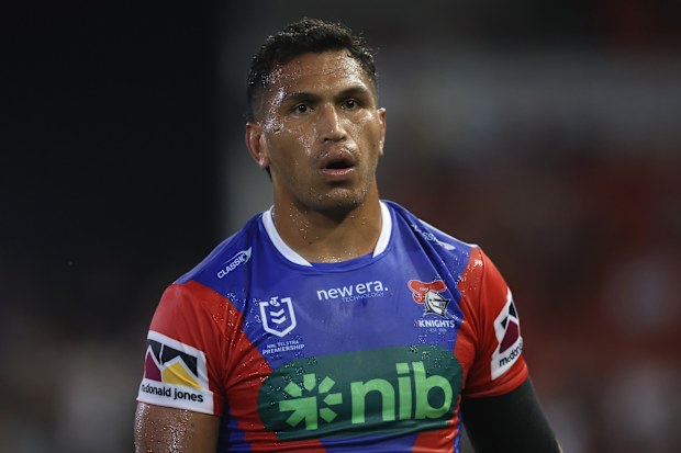 Jacob Saifiti of the Knights during the round two NRL match between Newcastle Knights and Dolphins at McDonald Jones Stadium, on March 13, 2025, in Newcastle, Australia. (Photo by Scott Gardiner/Getty Images)