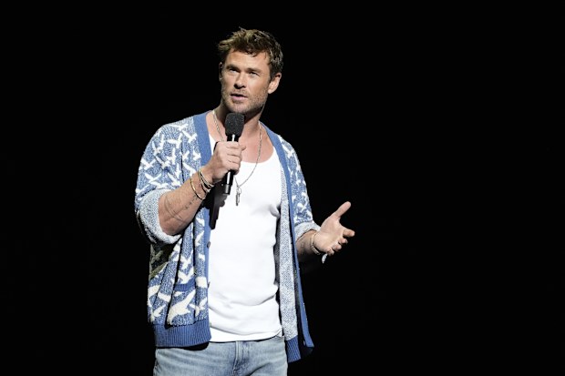 Chris Hemsworth, a cast member in the upcoming film "Transformers One," discusses the film during the Paramount Pictures presentation at CinemaCon 2024, Thursday, April 11, 2024, at Caesars Palace in Las Vegas. (AP Photo/Chris Pizzello)