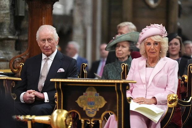LONDON, ENGLAND - MARCH 10: King Charles III and Queen Camilla attend the Commonwealth Day Service of Celebration at Westminster Abbey on March 10, 2025 in London, England. (Photo by Aaron Chown - WPA Pool/Getty Images)