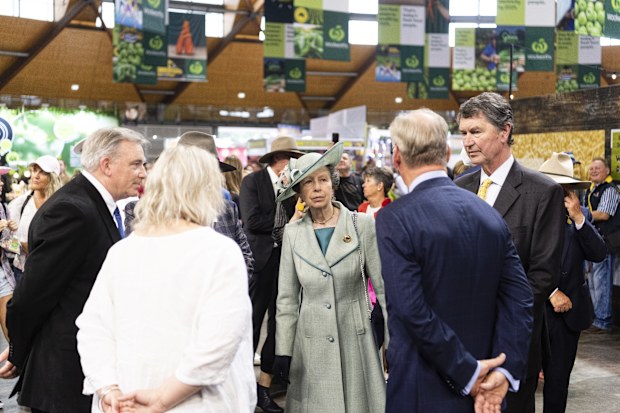 Her Royal Highness Princess Anne, The Princess Royal views stands at the Bicentennial Sydney Royal Easter Show. on April 09, 2022 in Sydney, Australia.