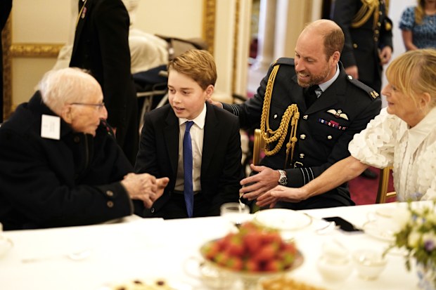 The Prince of Wales and Prince George join Second World War veterans at a tea party in Buckingham Palace, central London, following the military procession to mark the 80th anniversary of VE Day. Picture date: Monday May 5, 2025. PA Photo. See PA story MEMORIAL VEDay. Photo credit should read: Jordan Pettitt/PA Wire