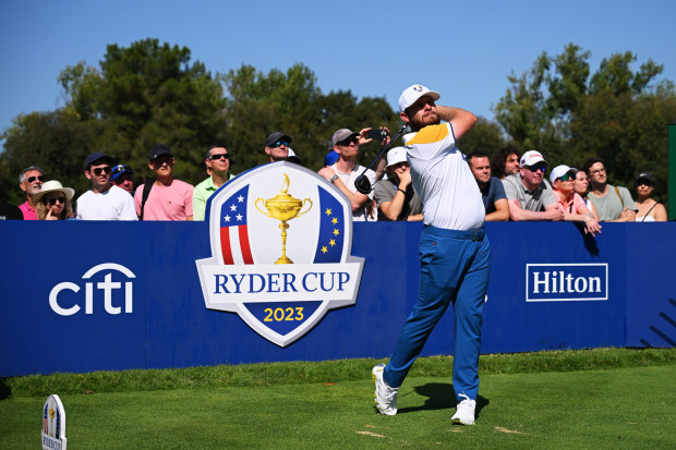 Tyrrell Hatton of Team Europe tees off on the sixth hole during a practice round prior to the 2023 Ryder Cup at Marco Simone Golf Club.