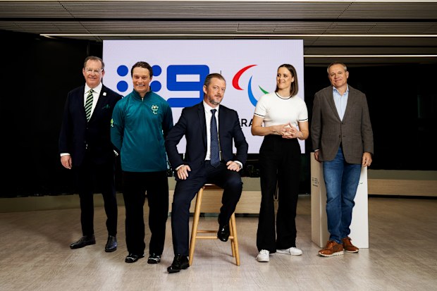 Left to right: Paralympics Australia CEO Cameron Murray, Australian Winter Paralympian Ben Tudhope, International Paralympic Committee president Andrew Parsons, Australian Paralympic champion Ellie Cole, and Nine CEO Matt Stanton.