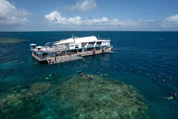 Reef Magic's three-storey pontoon at Moore Reef, 49.5 kilometres east of Cairns.