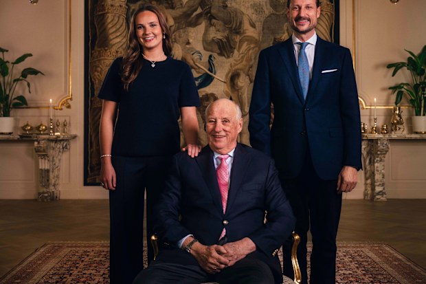 King Harald of Norway pictured for his 89th birthday (on February 21, 2026) with Crown Prince Haakon and Princess Ingrid Alexandra, Norwegian royal family line of succession.