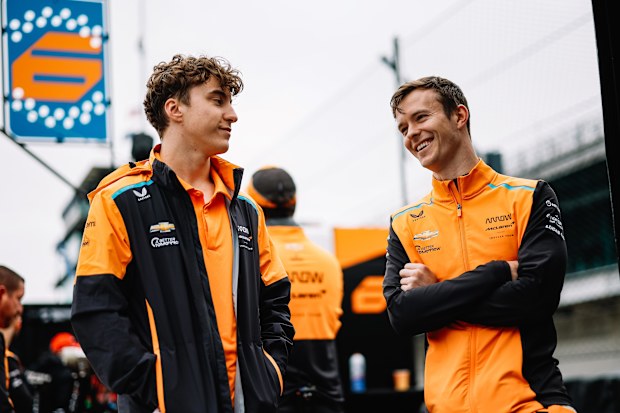 Callum Ilott (right) with former McLaren driver David Malukas at this year's Indianapolis 500 open test.