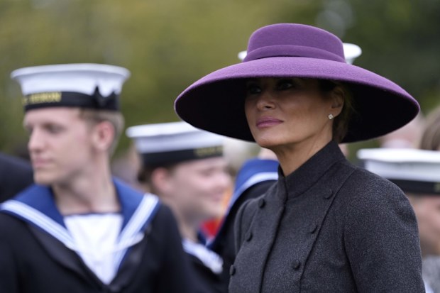 WINDSOR, ENGLAND - SEPTEMBER 17: First Lady Melania Trump meets members of the Armed forces following a Beating Retreat military ceremony at Windsor Castle during the state visit by the President of the United States of America on September 17, 2025 in Windsor, England. President Trump is in England from Sept. 16-18 on his second UK state visit, with the previous one taking place in 2019 during his first presidential term. (Photo by Andrew Matthews - WPA Pool/Getty Images)