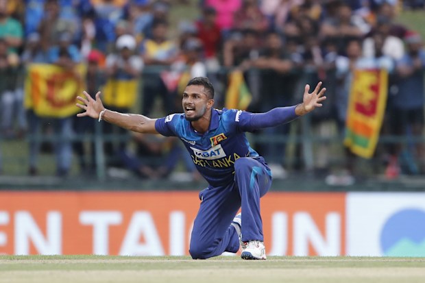 KANDY, SRI LANKA - AUGUST 31: Dasun Shanaka captain of Sri Lanka  successful appeal wicket of Tanzid Hasan of Bangladesh during the Asia Cup Group B match between Sri Lanka and Bangladesh at Pallekele International Cricket Stadium on August 31, 2023 in Kandy, Sri Lanka. (Photo by Surjeet Yadav/Getty Images)