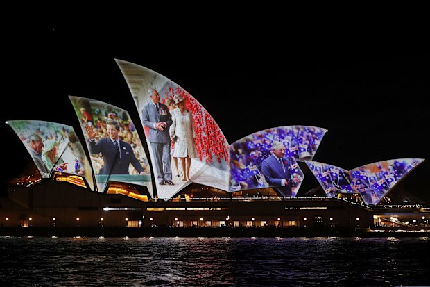 The Sydney Opera House shells are illuminated with a Royal projection to officially welcome King Charles III and Queen Camilla on October 18, 2024 in Sydney, Australia 