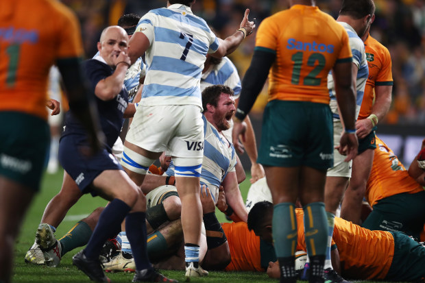 Julian Montoya of the Pumas celebrates his try.