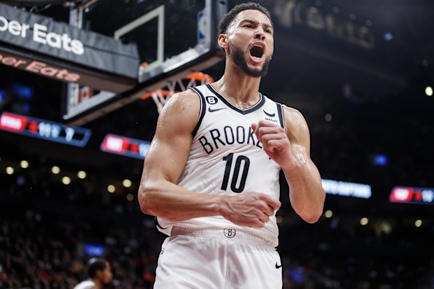 Ben Simmons of the Brooklyn Nets reacts after a block.