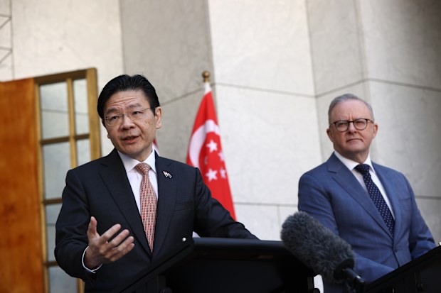 Prime Minister Anthony Albanese and Prime Minister of Singapore Lawrence Wong during a press conference at Parliament House in Canberra on October 8, 2025.