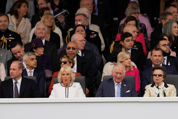 Prince William, left, Camilla, Duchess of Cornwall, second left, Prince Charles, second right, Princess Anne attend the Platinum Jubilee Pageant outside Buckingham Palace in London, Sunday, June 5, 2022, on the last of four days of celebrations to mark the Platinum Jubilee.