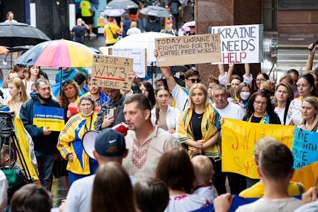 Russian invasion of Ukraine protest at Martin place. 25th Feb 2022. Photo: Edwina Pickles / SMH