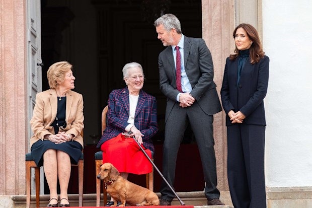 (L-R) Queen Anne-Marie of Greece, Queen Margrethe of Denmark, King Frederik X of Denmark, Queen Mary of Denmark, and Tilia, Queen Margrethe of Denmark's dachshund, attend the celebration of Queen Margrethe's 86th birthday at Fredensborg Palace in Fredensborg, North Zealand, Denmark, on April 16, 2026. As part of the celebration, the royals will attend a concert by the Royal Life Guards Band in the Inner Palace. (Photo by Kristian Tuxen Ladegaard Berg/NurPhoto via Getty Images)