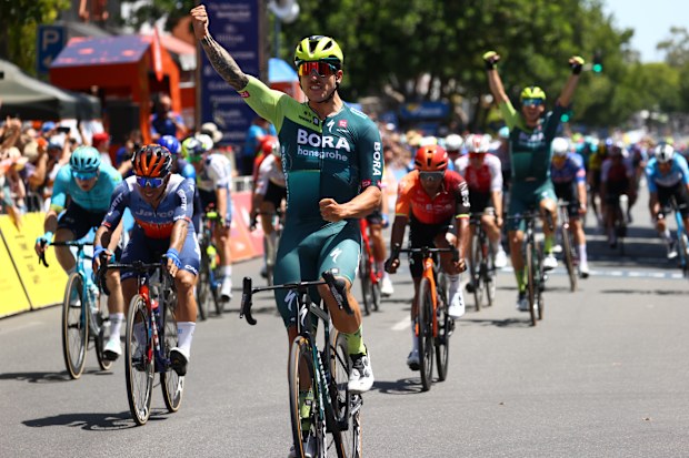 Sam Welsford of Australia and Bora-Hansgrohe team wins the 24th Santos Tour Down Under Stage 1.
