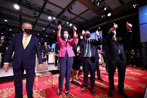 TOKYO, JAPAN - JULY 21:  Members of the Brisbane 2032 delegation (L-R) John Coates AC, President, Australian Olympic Committee,  The Honourable Annastacia Palaszczuk MP, Premier of Queensland and Minister for Trade, The Right Honourable the Lord Mayor of Brisbane, Councillor Adrian Schrinner, and Senator the Honourable Richard Colbeck, Minister for Senior Australians and Aged Care Services and Minister for Sport celebrate after Brisbane was announced as the 2032 Summer Olympics host city during 