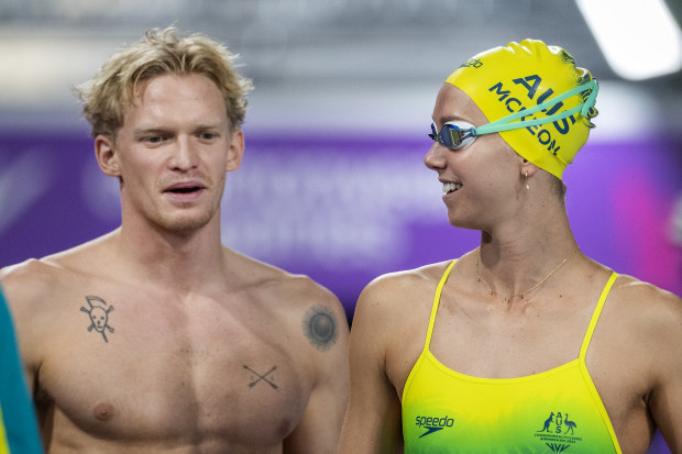Emma McKeon and Cody Simpson of Australia on the pool deck for training at the Sandwell Aquatics Centre, Birmingham in preparation for the Birmingham 2022 Commonwealth Games on July 28, 2022 in Birmingham, England. (Photo by Tim Clayton/Corbis via Getty Images)