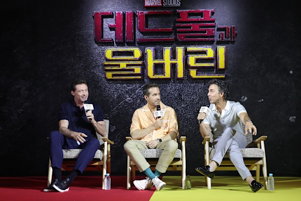 Hugh Jackman, Ryan Reynolds and Shawn Levy attend a press conference for "Deadpool & Wolverine" on July 04, 2024 in Seoul, South Korea. 