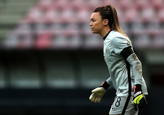 Goalkeeper, Mackenzie Arnold of Australia in action during the International Friendly match between Netherlands Women and Australia Women, also know as the Matildas, at Stadion de Goffert on April 13, 2021 in Nijmegen, Netherlands. 