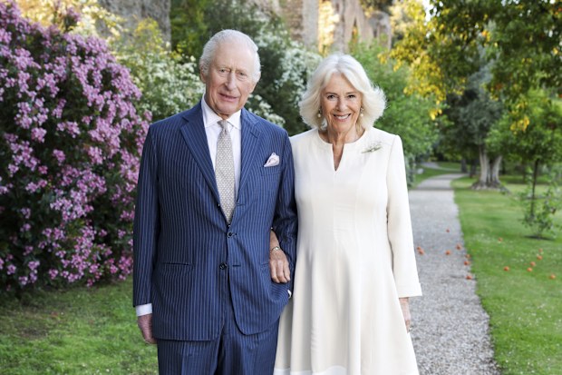 In this photo provided by Buckingham Palace, Britain's King Charles III and Queen Camilla pose for a portrait at Villa Wolkonsky, in Rome, Italy, Monday, April 7, 2025. (Chris Jackson/Getty Images for Buckingham Palace via AP)