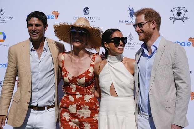 Prince Harry and Meghan Markle, Duchess of Sussex, pose for photos with Ignacio "Nacho" Figueras and his wife Delfina Blaquier at the 2024 Royal Salute Polo Challenge to Benefit Sentebale, Friday, April 12, 2024, in Wellington, Florida