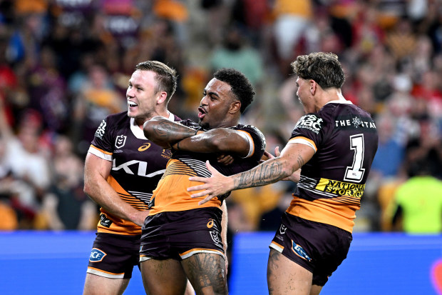 Ezra Mam of the Broncos celebrates scoring a try during the round three NRL match between Brisbane Broncos and St George Illawarra Dragons at Suncorp Stadium on March 18, 2023 in Brisbane, Australia. (Photo by Bradley Kanaris/Getty Images)