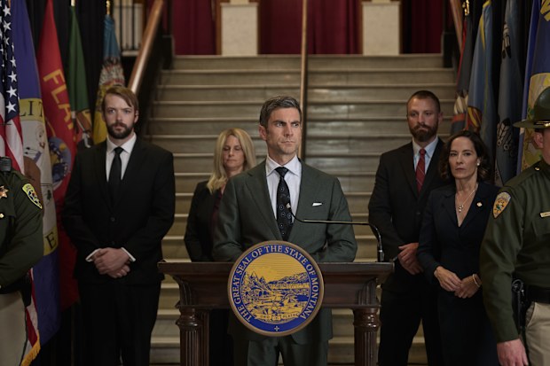 Yellowstone Season 5 part 2 L-R: Wes Bentley as Jamie Dutton and Wendy Moniz as Governor Perry on episode 509 of Paramount Network's Yellowstone