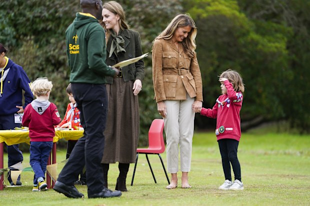 U.S. first lady Melania Trump and Britain's Catherine, Princess of Wales interact with children as they tour Frogmore Cottage in Windsor, Britain, September 18, 2025. REUTERS/Nathan Howard/Pool